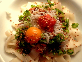 釜玉アレンジ☆ねばたまじゃこ明太子うどん