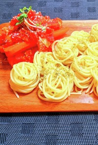 人参とサバ缶のトマト煮込みスパゲッティ