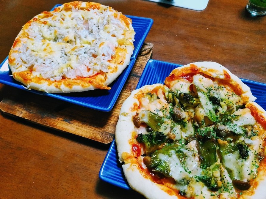 簡単ピザ生地✿照焼チキンとエビ&シラスの画像
