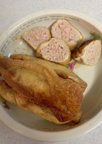 鶏ひき肉と豆腐の油揚げロール煮