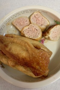 鶏ひき肉と豆腐の油揚げロール煮