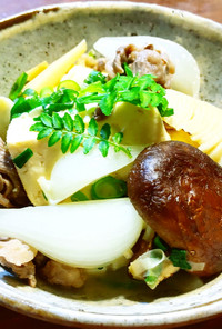 発酵筍(メンマ)焼き椎茸、新玉葱の肉豆腐