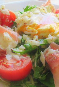 生ハムと水菜とトマトのオニオンドレサラダ
