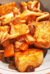 豆腐ときのこと根菜のチリソース炒め
