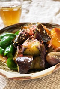 ナス・野菜の焼き浸し♫桜エビ入り麺つゆで