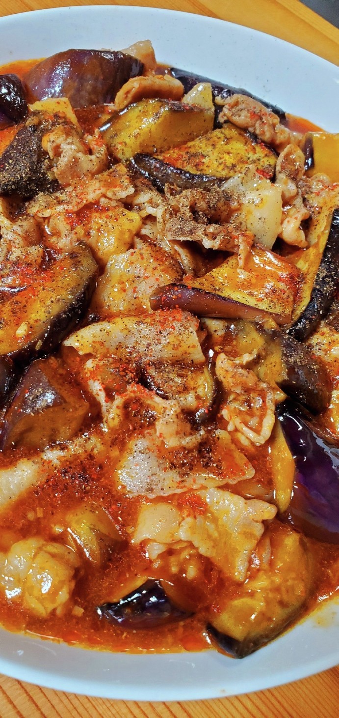 豚バラ薄切り肉で作る❣変わり麻婆茄子❣の画像