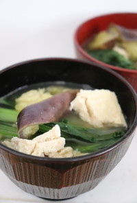 高野豆腐もどき小松菜レンジ茄子の味噌汁