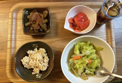 3日【夜】野菜たっぷりポトフ　ピリ辛蒟蒻の写真