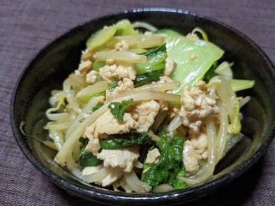 チンゲン菜と鶏ひき肉ともやしの中華炒めの写真