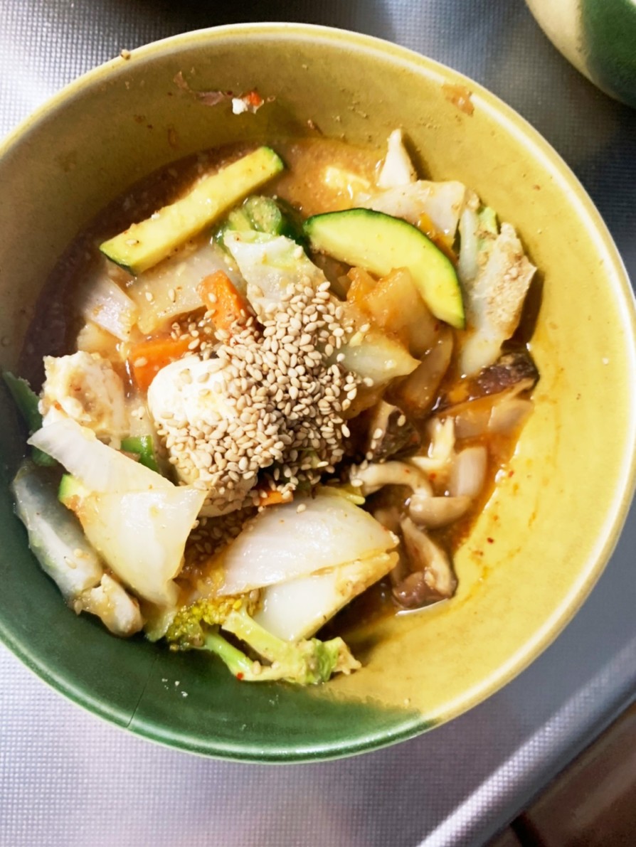 レンジ肉無し豆腐味噌キムチ煮味野菜炒めの画像