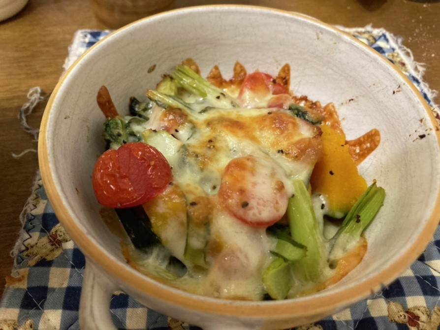 小松菜とカボチャ、ベーコンのチーズ焼きの画像