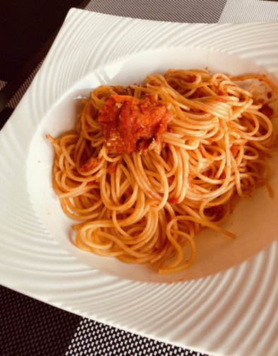 旬の味　ワタリガニのトマトスパゲッティの写真