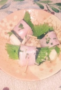 長芋のベーコンと海苔と青紫蘇とチーズ巻き