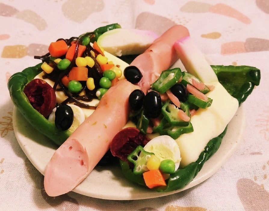 玉子豆腐ミクベジ魚肉ソ黒豆«ピーマン皿»の画像