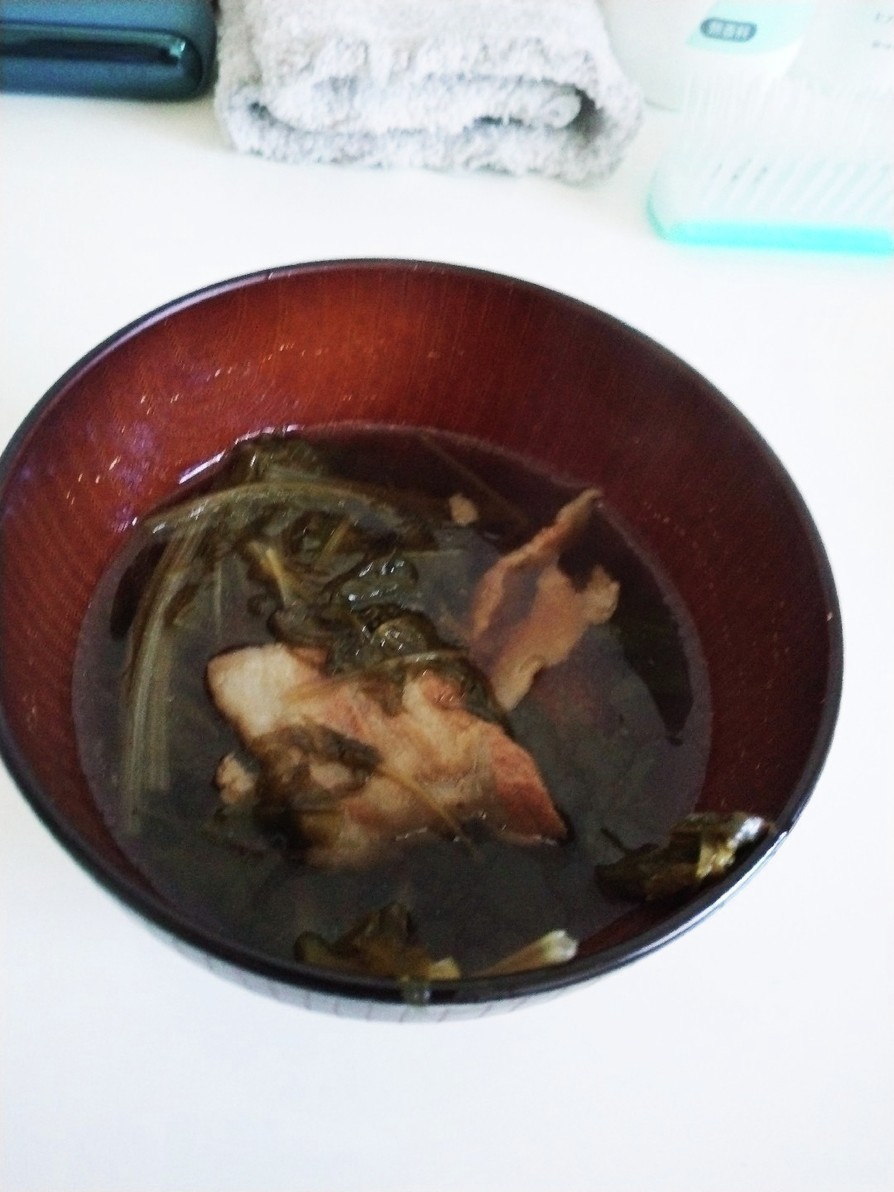 水菜と豚肉で汁物。麺つゆ使用してます。の画像