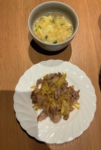 豚肉とじゃがいもの炒め物、卵スープ