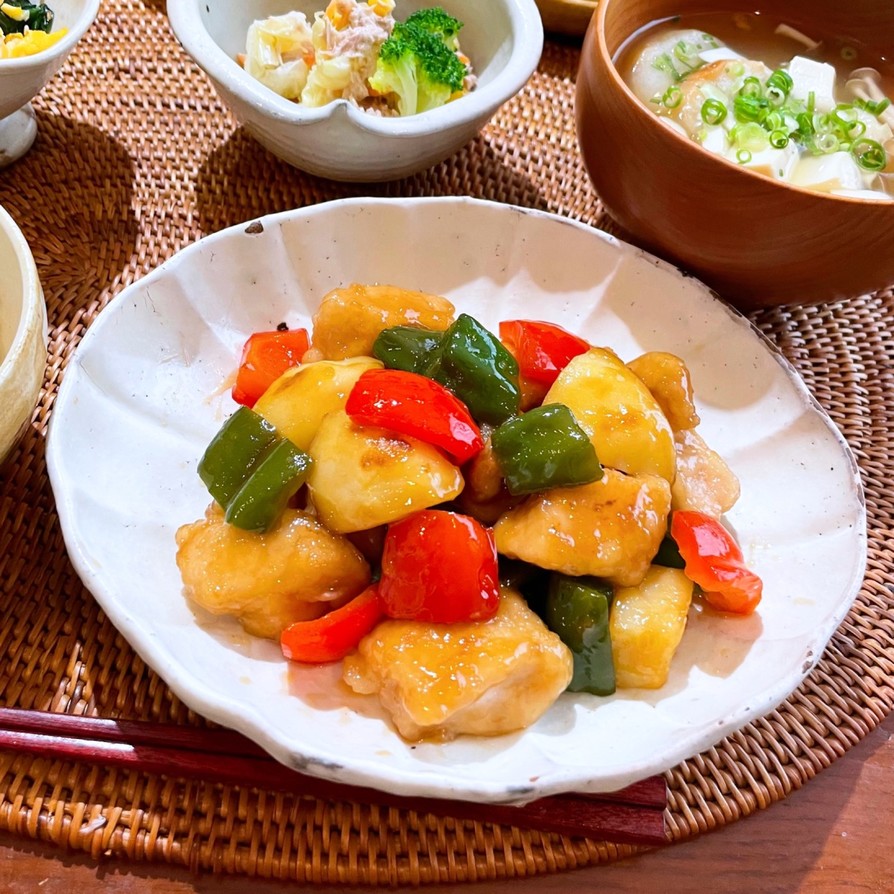 鶏むね肉と彩り野菜の甘酢炒め♩の画像