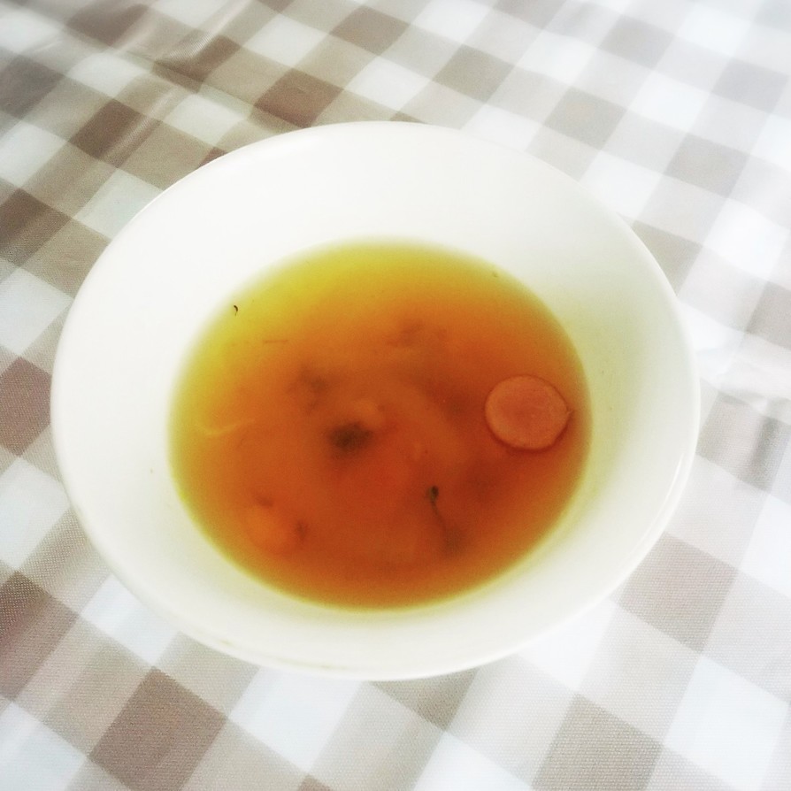 にんじんのひらひらの茹で汁で､簡単スープの画像