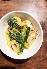 小松菜と煮込み竹輪のピリ辛七味マヨ炒め