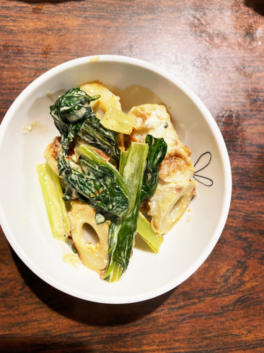 小松菜と煮込み竹輪のピリ辛七味マヨ炒めの画像