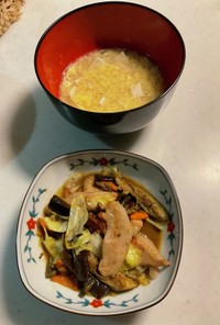 卵スープ、豚肉野菜炒め