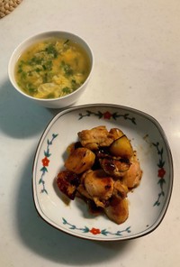 鶏肉とじゃが芋の炒め物中華あんかけスープ