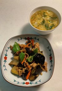 野菜の味噌炒め、中華スープ