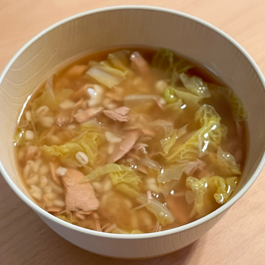もち麦ご飯で！白菜とツナの和風スープご飯の画像