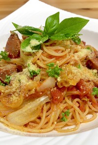 キャベツとソーセージのトマトスパゲッティ