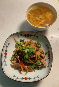 豚肉と野菜の甘辛炒め、中華スープ