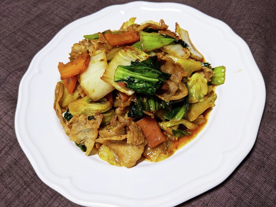 チンゲン菜と白菜と豚バラ肉の味噌炒めの画像