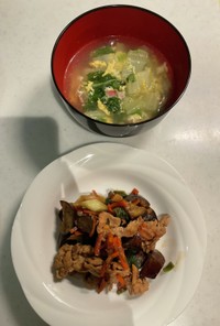 茄子と豚肉の中華炒め、スープ