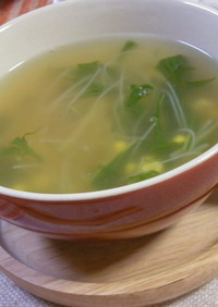 １０分で♪水菜とコーンの春雨スープ