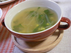 10分で♪水菜とコーンの春雨スープ