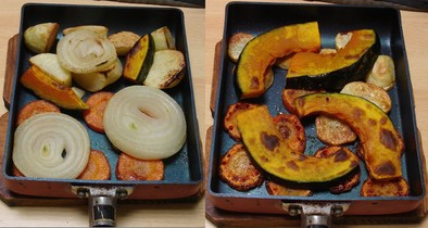 じゃが芋、人参、玉葱、かぼちゃで焼き野菜の写真