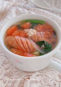 レンジで3分！ソーセージ＆野菜のスープ