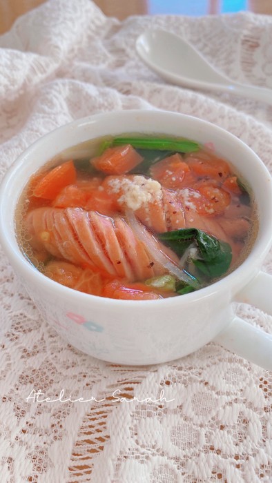 レンジで3分！ソーセージ＆野菜のスープの写真