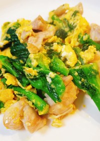 簡単旨辛♡菜の花と鶏肉と卵の中華炒め
