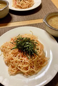 ZENB麺でたらこパスタ＆オニオンスープ