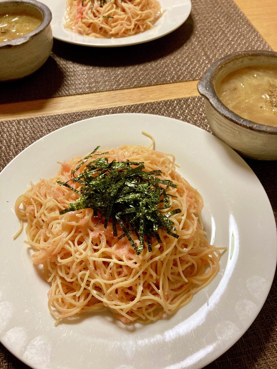 ZENB麺でたらこパスタ＆オニオンスープの画像