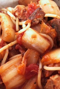 サバ缶と白菜のトマトスパゲッティ
