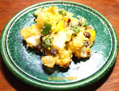 白玉葱、薩摩芋、豆、いんげんのかき揚げの写真