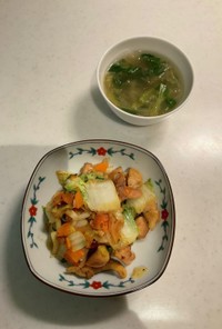 野菜炒め、中華スープ