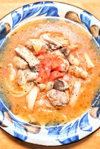 鶏もも肉とトマトの生姜煮をスープ仕立てで