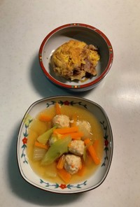 野菜と肉団子のスープ、豚肉のピカタ