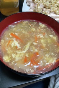 茹で鶏の残り汁で！野菜たっぷり春雨スープ