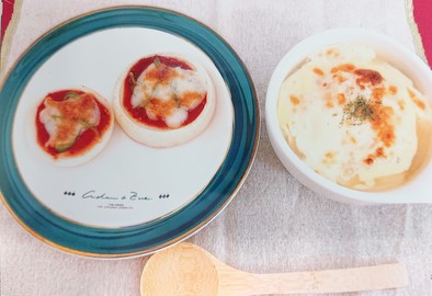 オニオンピザとオニオングラタンスープの写真