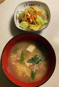 豚肉とキャベツの味噌炒め、スープ