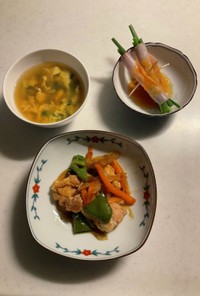 鶏野菜照り焼き卵の中華スープハムの葱巻き