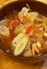 菊芋とゴボウと大豆のトマト味噌スープ